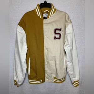 Bershka Peanuts varsity bomber jacket in tan and white